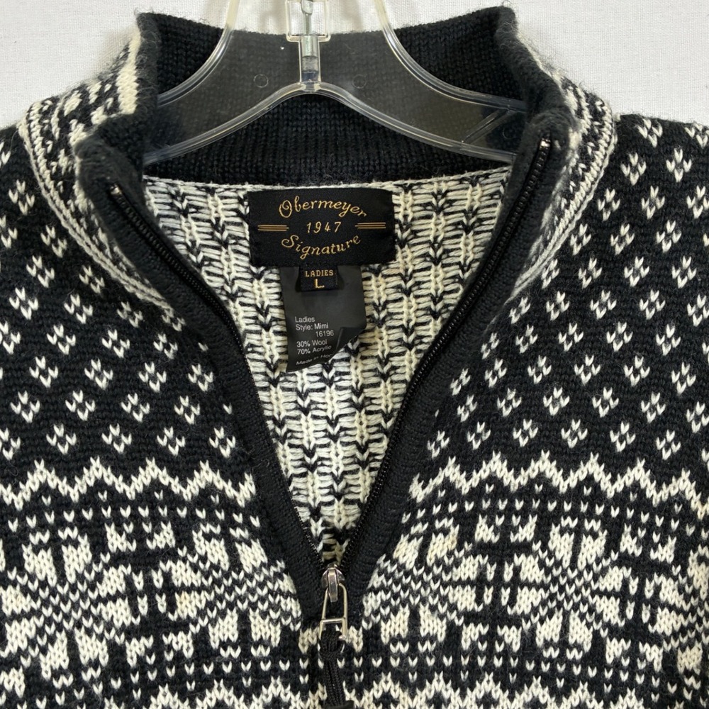 Obermeyer Signature Mimi Womens L Black White Fair Isle Wool Blend Quarter Zip - Picture 2 of 11